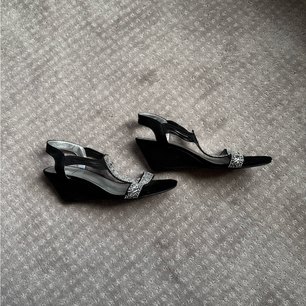New York Transit Black and Silver Rhinestone Wedges - Picture 2 of 7